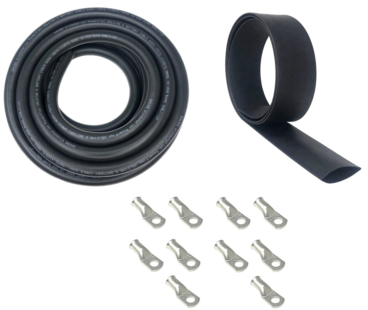 4 Gauge Welding Battery Cable Kit - Includes 5 pieces of 3/8 + 5 pieces of 5/16" Tinned Copper Cable Lugs and 3 Feet Black Heat Shrink Tubing
