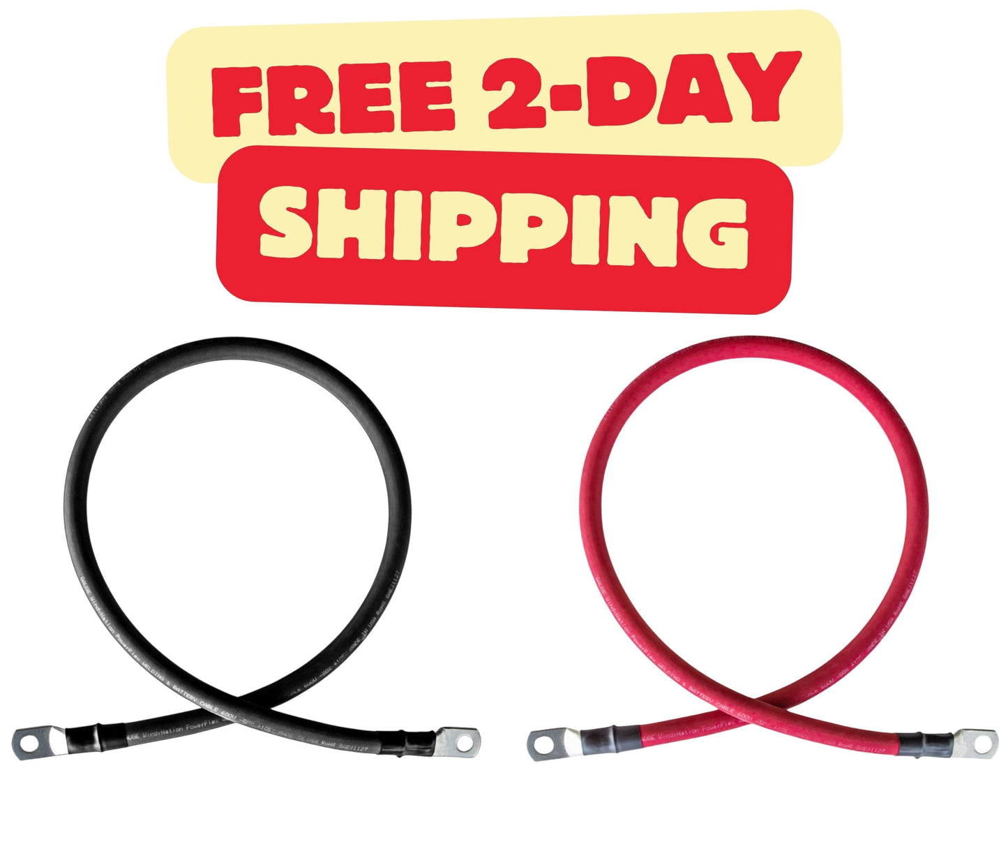 2 Gauge (AWG) Black and Red Pure Copper Battery Cable Wire with Lug Connector Ring Terminals