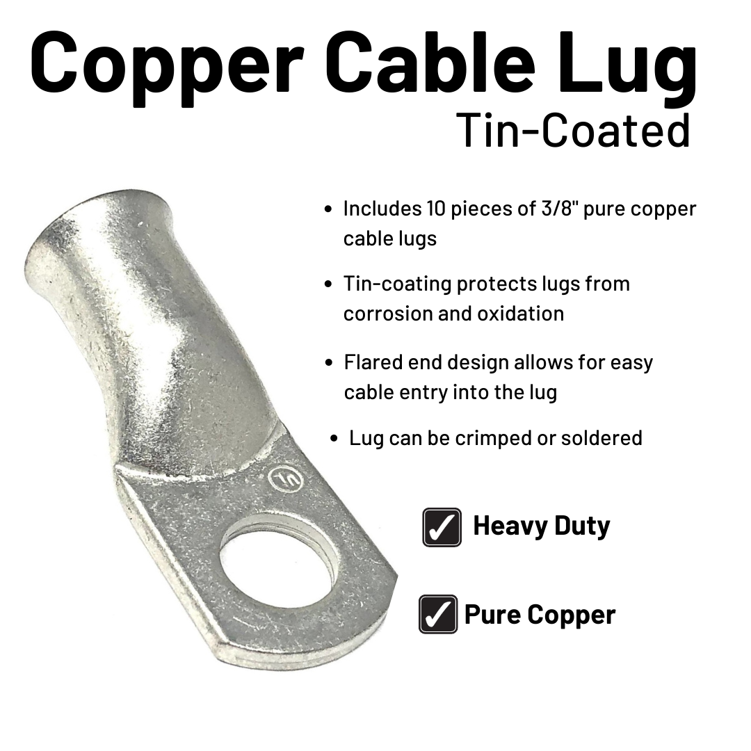 2 Gauge Welding Battery Cable Kit - Includes 10 pieces of 3/8" Tinned Copper Cable Lugs and 3 Feet Black Heat Shrink Tubing