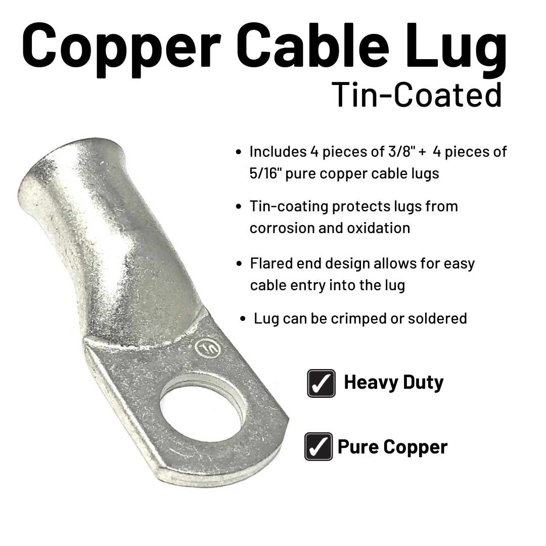 2 Gauge Welding Battery Cable Kit - Includes 5 pieces of 3/8" + 5 pieces of 5/16" Tinned Copper Cable Lugs and 3 Feet Black Heat Shrink Tubing