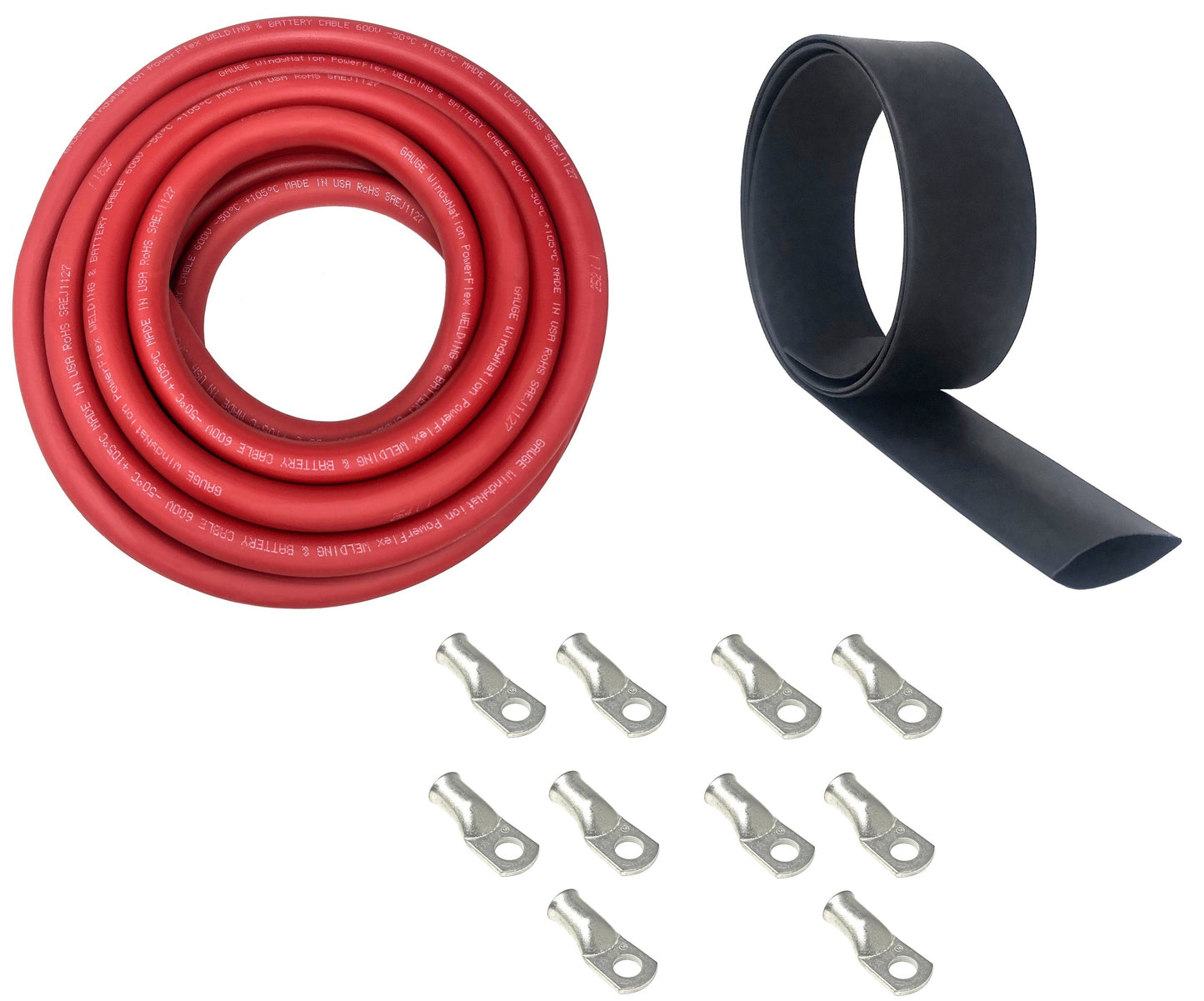 4 Gauge Welding Battery Cable Kit - Includes 5 pieces of 3/8 + 5 pieces of 5/16" Tinned Copper Cable Lugs and 3 Feet Black Heat Shrink Tubing